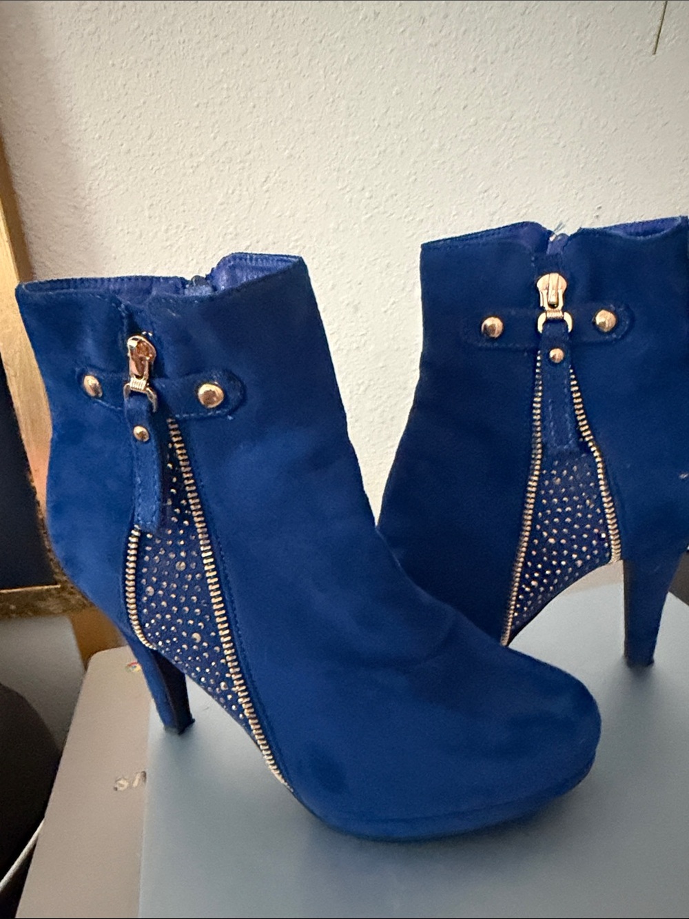 Dream Pairs Royal Blue Suede High-Heel Ankle Booties with Gold Accents
